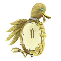 Whimsical Citrine Emerald Diamond Gold Duck Brooch