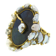 Vintage Unusual 1970s Pearl Labradorite Gold Ring