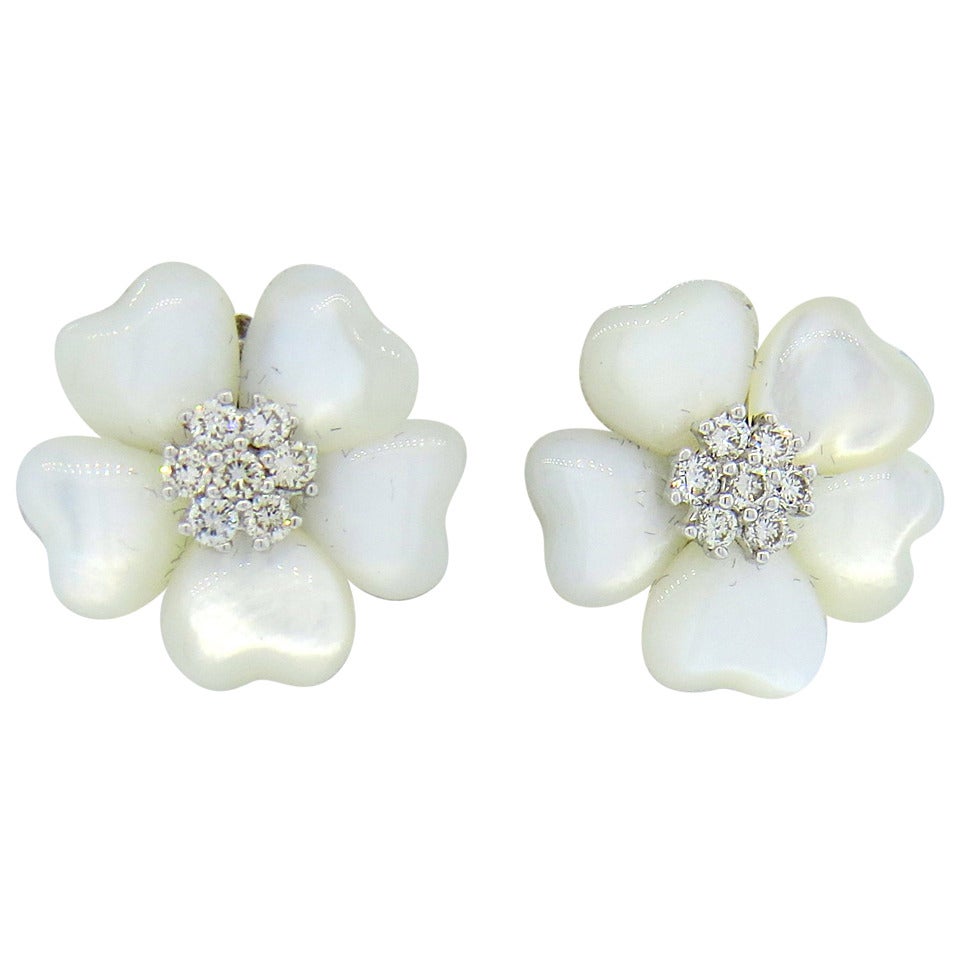 Adorable Mother of Pearl Diamond Flower Gold Earrings