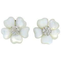 Adorable Mother of Pearl Diamond Flower Gold Earrings