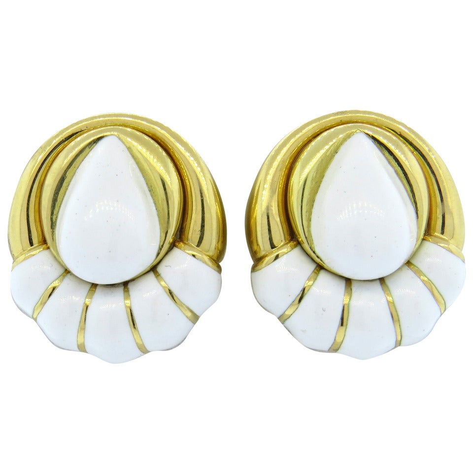 David Webb White Enamel Gold Earrings