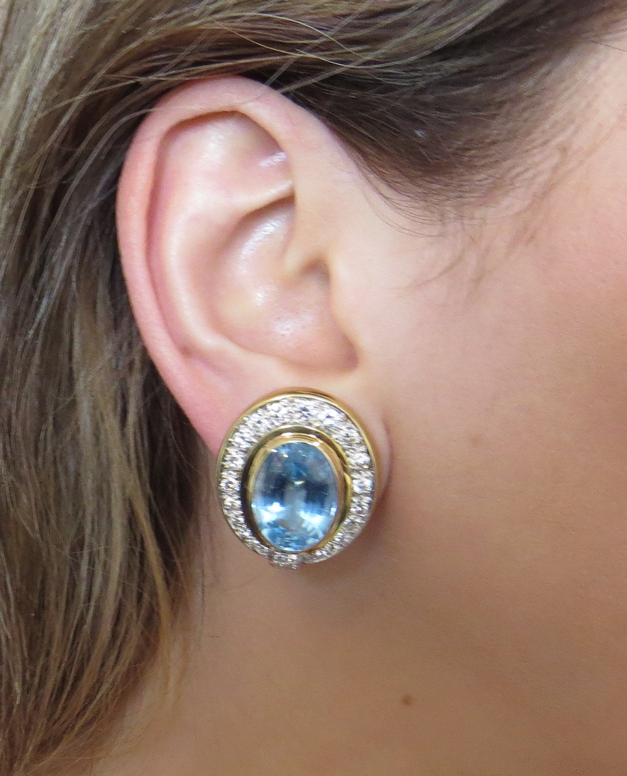 Impressive Blue Topaz Diamond Gold Earrings In Excellent Condition In Lambertville, NJ