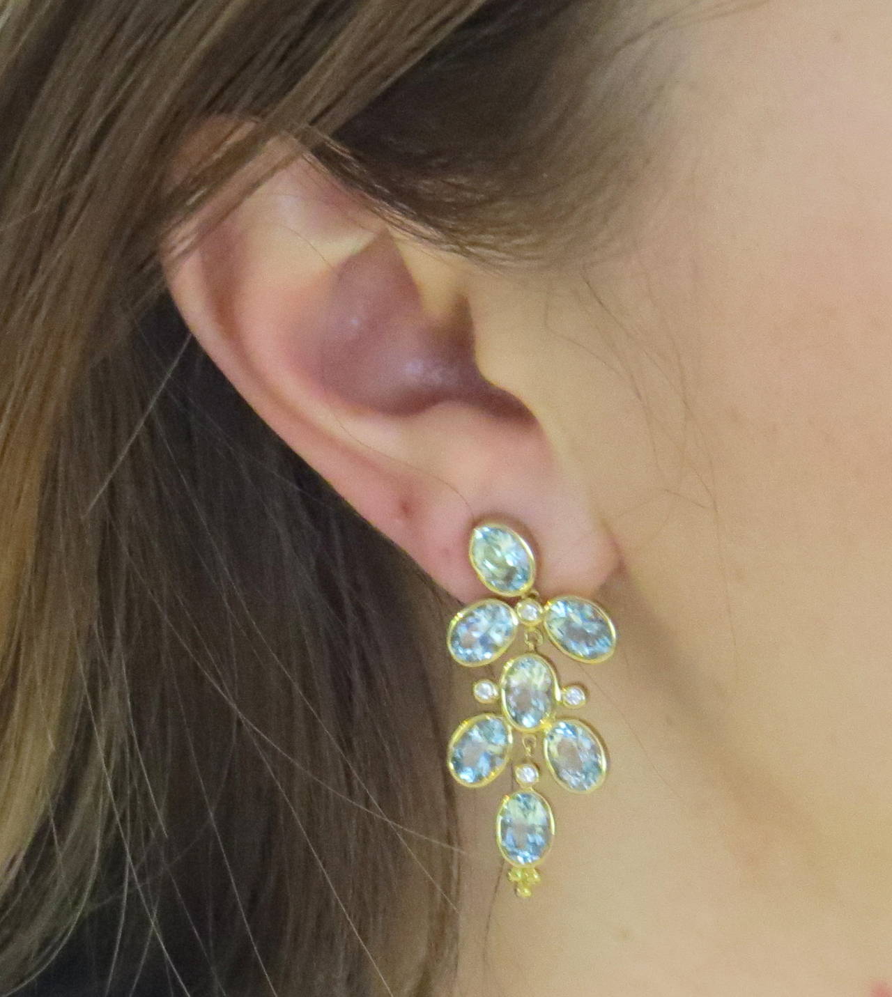 Women's Temple St. Clair Oval Aquamarine Diamond Gold Drop Earrings