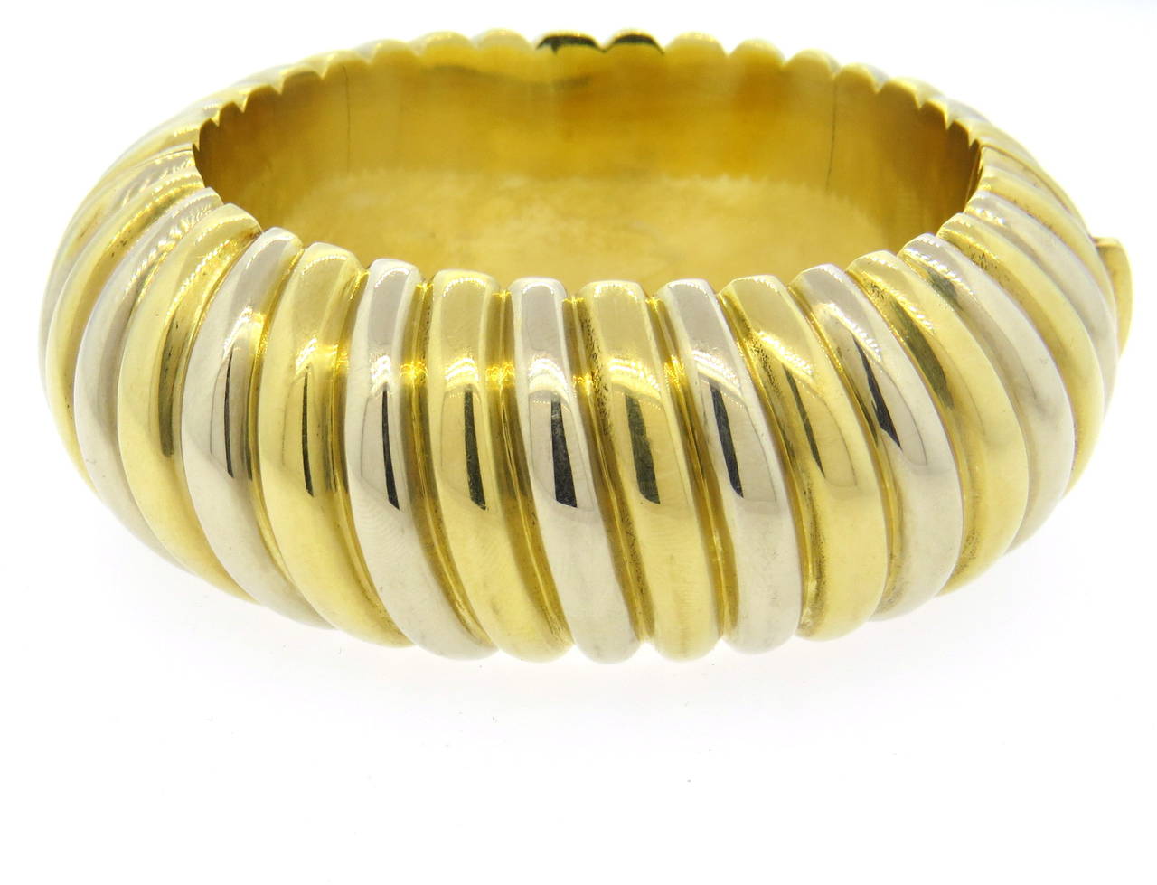 1980s Massive Italian 18k Yellow and White Gold Wide Bangle Bracelet , 30mm wide. Will fit 6 1/6 -6 3/4