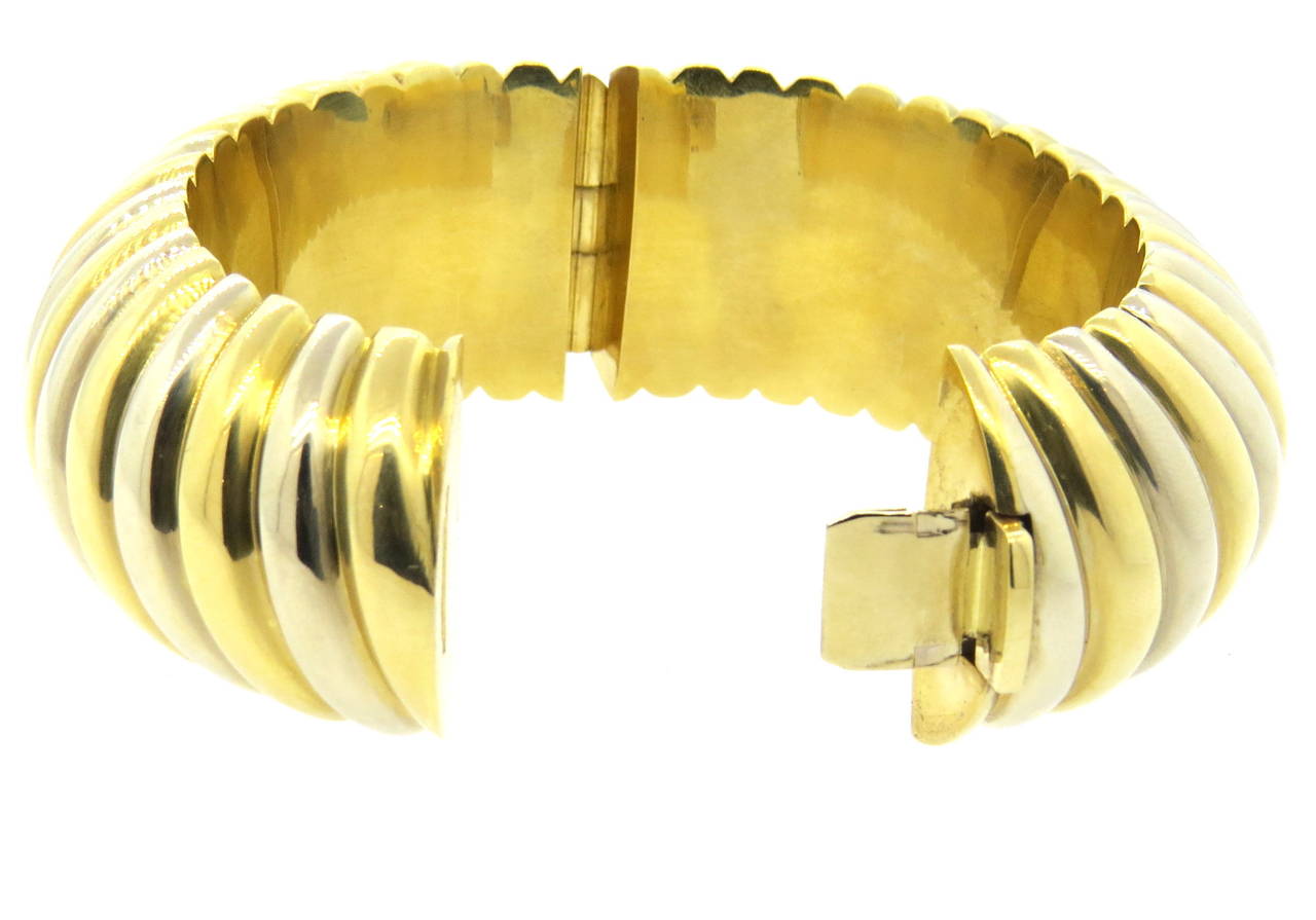 Massive White and Yellow Gold Bangle Bracelet In Excellent Condition In Lambertville, NJ