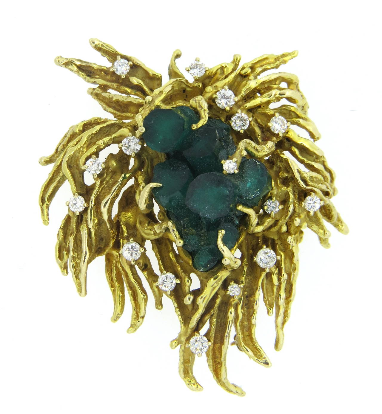 Large Free Form Chatham Emerald Diamond Gold Brooch In Excellent Condition In Lambertville, NJ