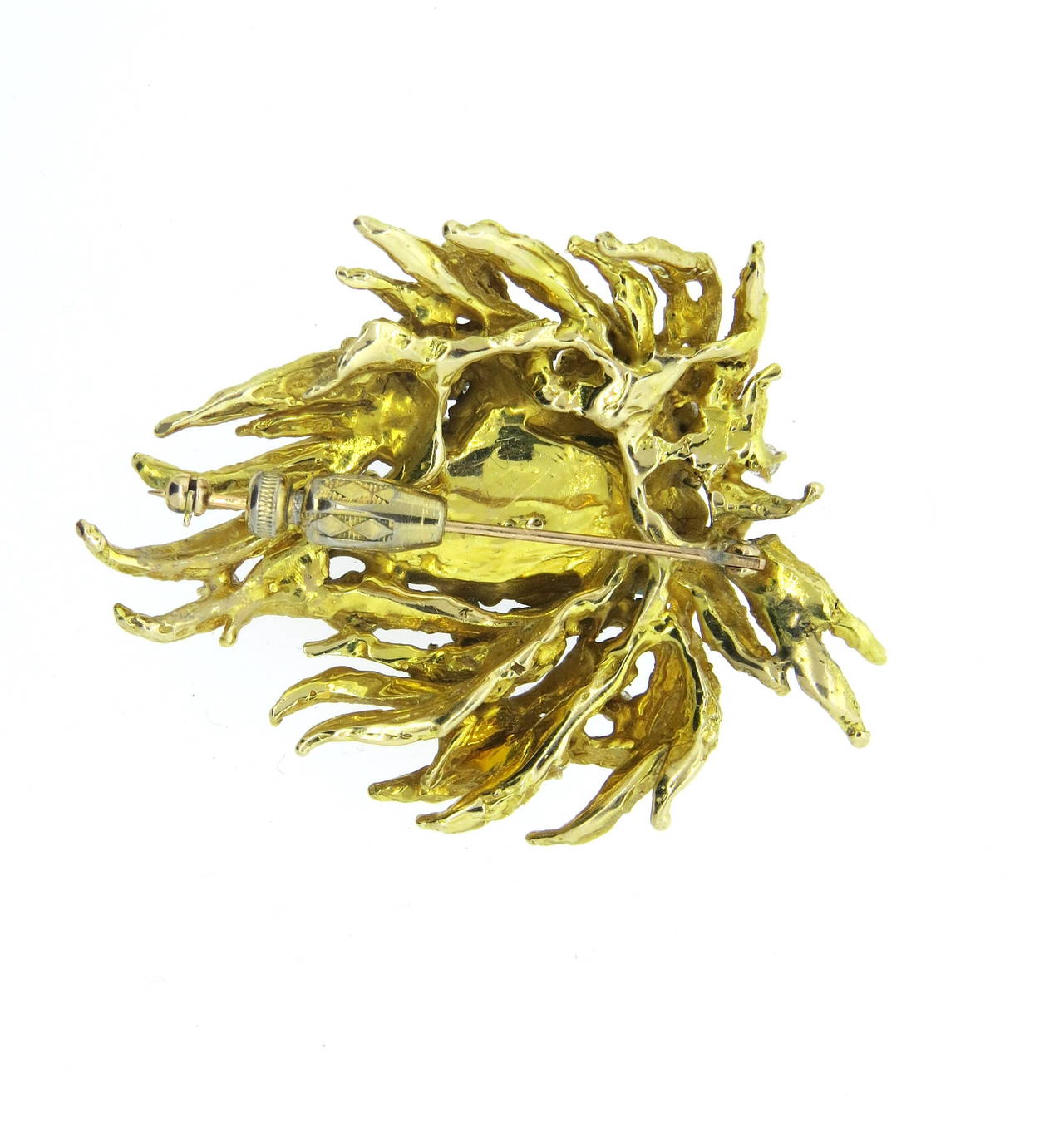 Women's Large Free Form Chatham Emerald Diamond Gold Brooch