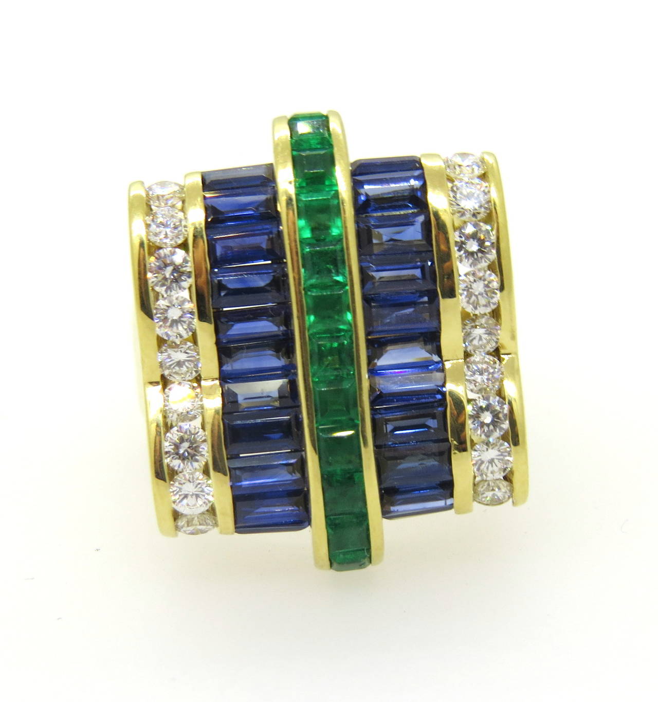 Unusual Charles Krypell Sapphire Diamond Emerald Gold Ring In Excellent Condition In Lambertville, NJ