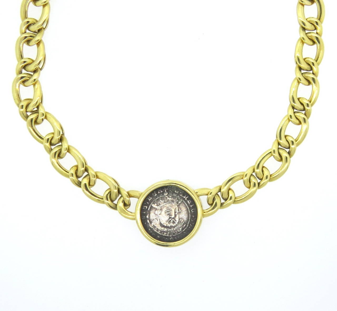 Bulgari 18k gold necklace from Monete collection, featuring Henry VIII ancient coin in the center. Necklace is 16