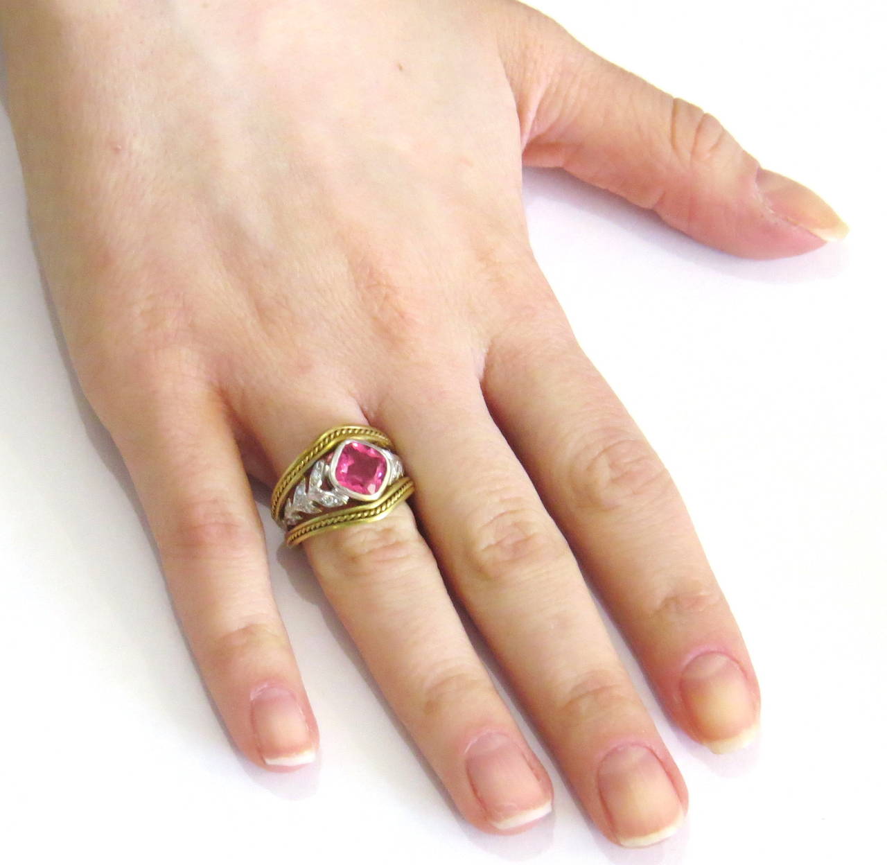 Seidengang Pink Tourmaline Diamond Gold Ring In Excellent Condition In Lambertville, NJ