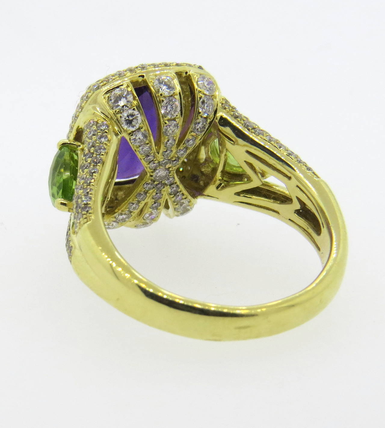 Charles Krypell Peridot Amethyst Diamond Gold Ring In Excellent Condition In Lambertville, NJ