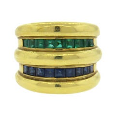 Sapphire and Emerald Gold Wide Ring