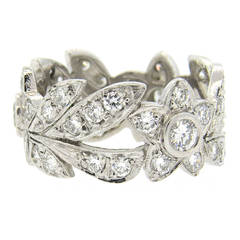 Diamond Platinum Flower and Leaf Motif Band Ring