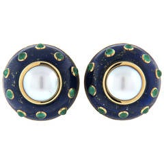 Trianon Lapis Pearl and Emerald Gold Earrings