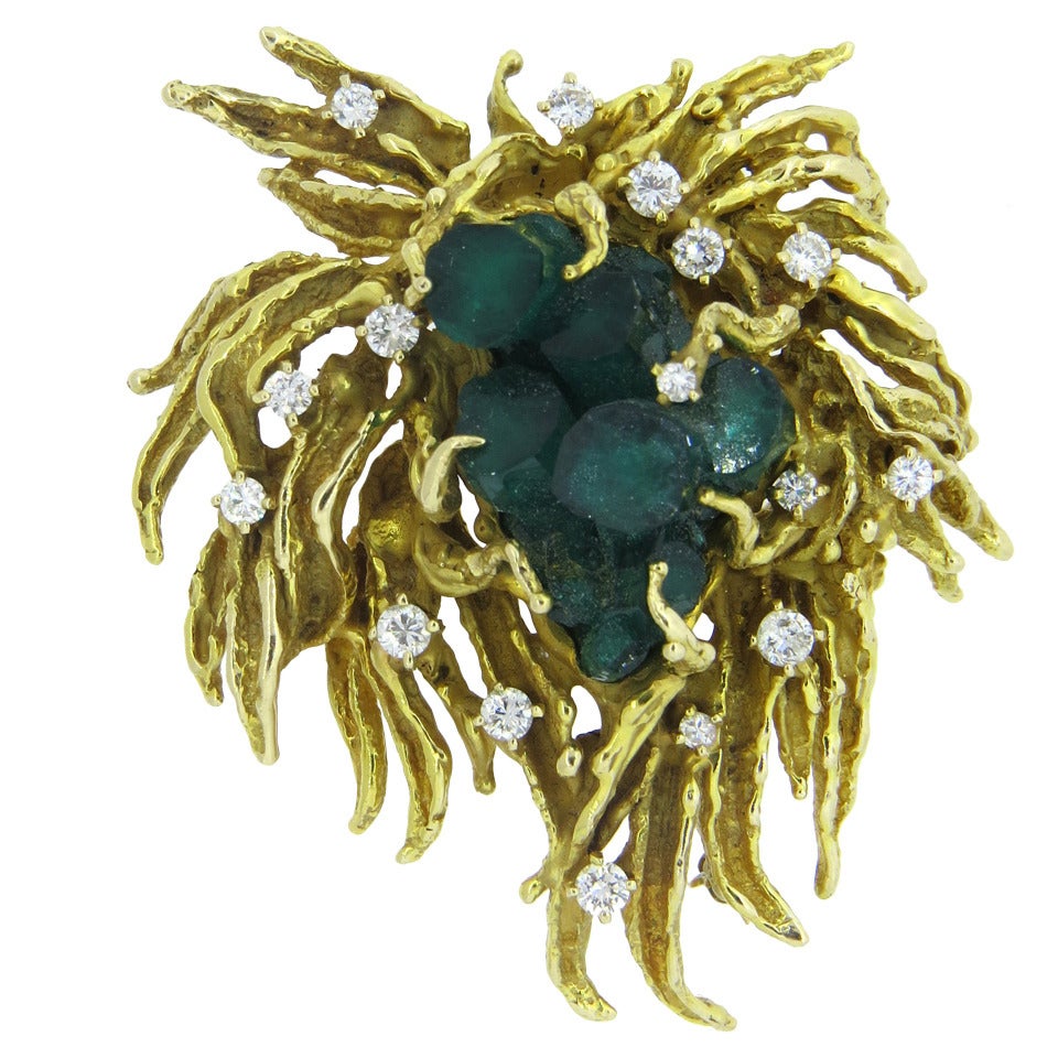 Large Free Form Chatham Emerald Diamond Gold Brooch