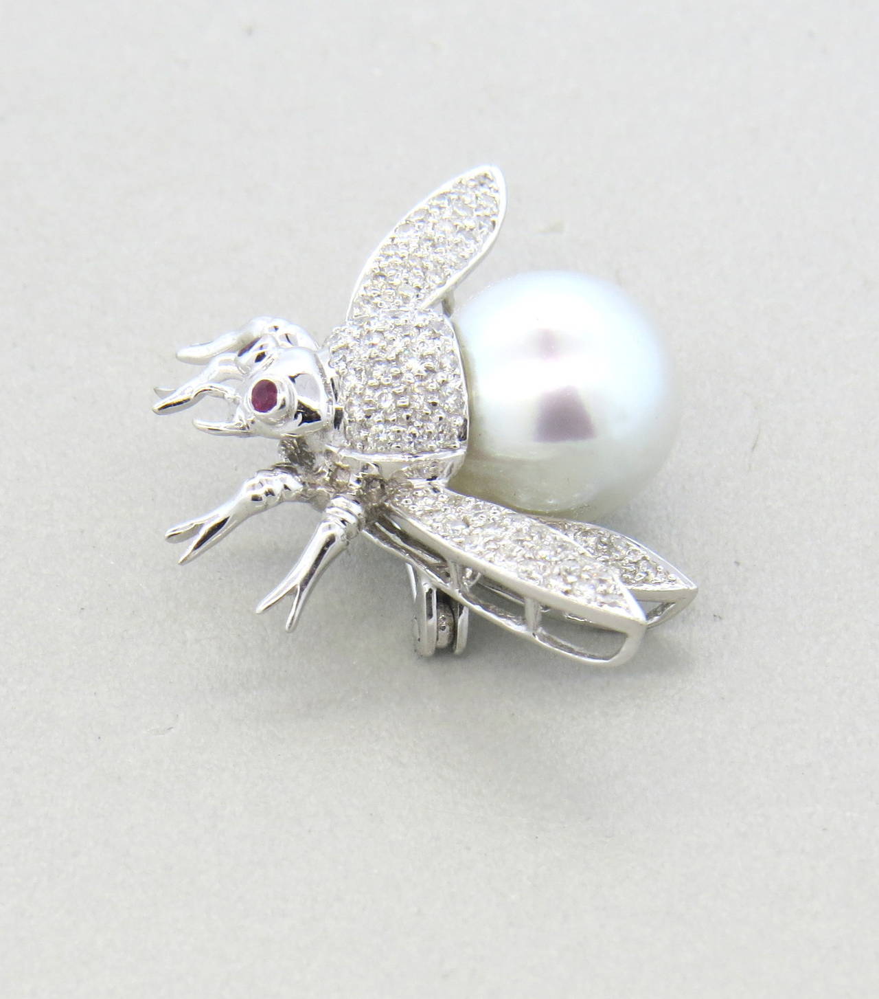 Gold South Sea Pearl Ruby Diamond Bumble Bee Brooch Pin 1