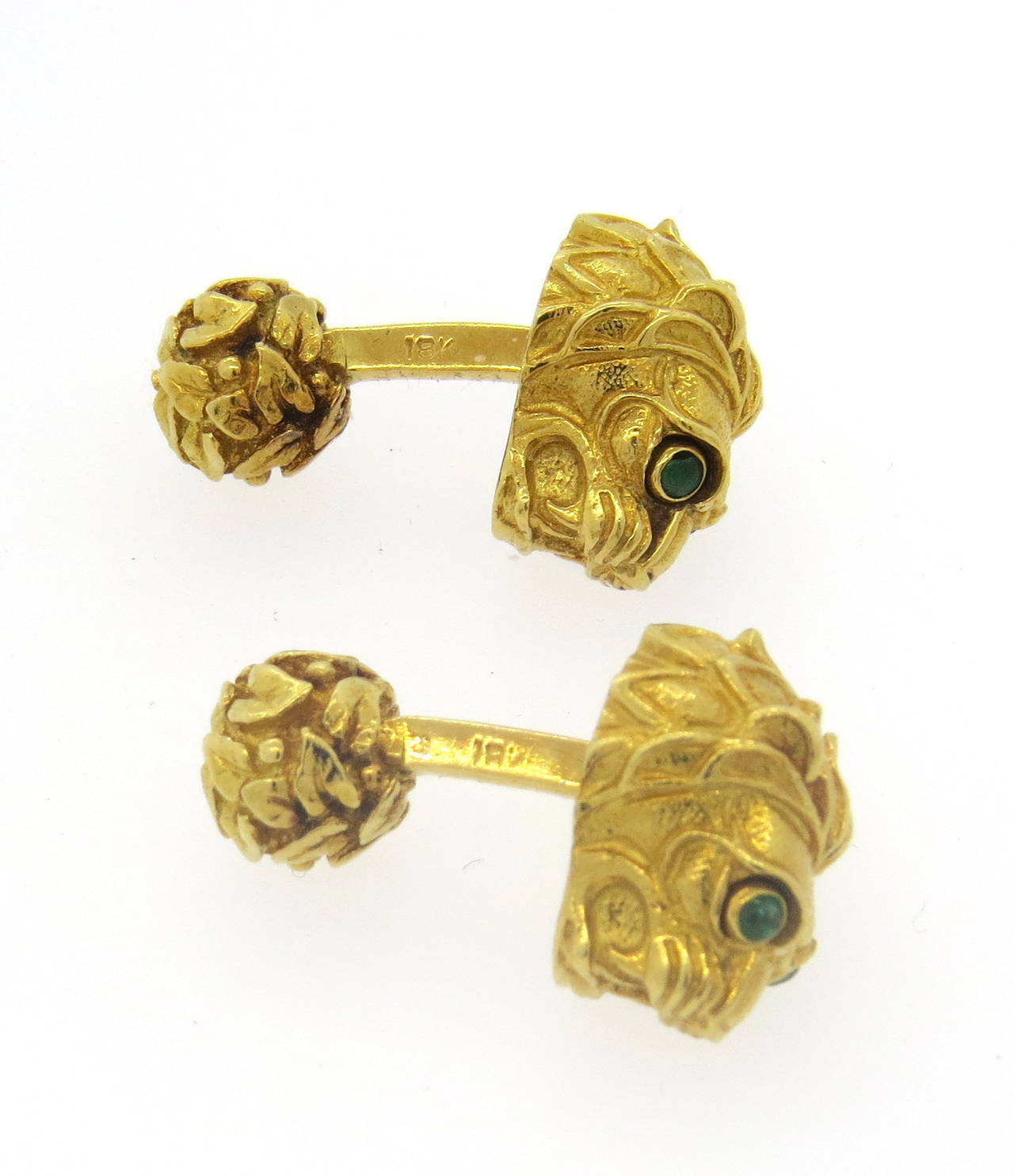 Women's David Webb Cabochon Emerald Gold Lion Cufflinks