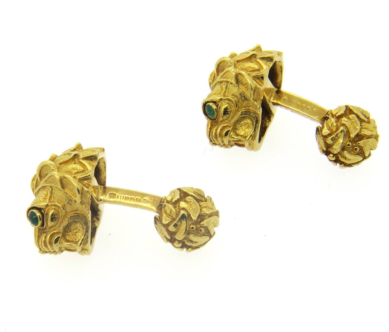 David Webb Cabochon Emerald Gold Lion Cufflinks 3