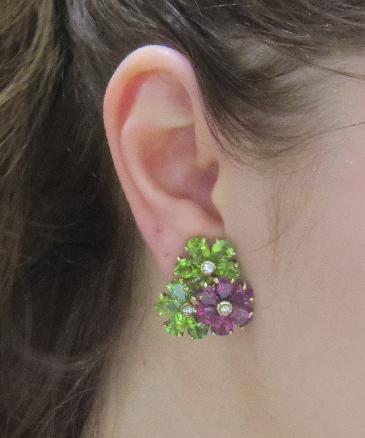 Women's Whimsical Gold Peridot Amethyst Diamond Flower Earrings