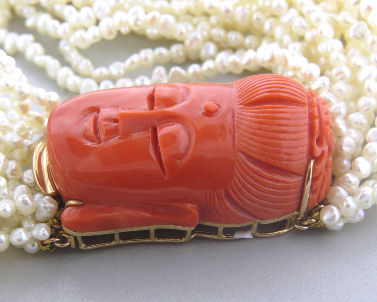 Carved Coral Buddha Pearl Multi Strand Gold Necklace In Excellent Condition In Lambertville, NJ