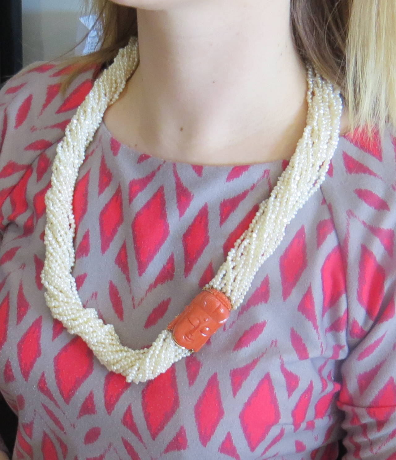 Carved Coral Buddha Pearl Multi Strand Gold Necklace 1