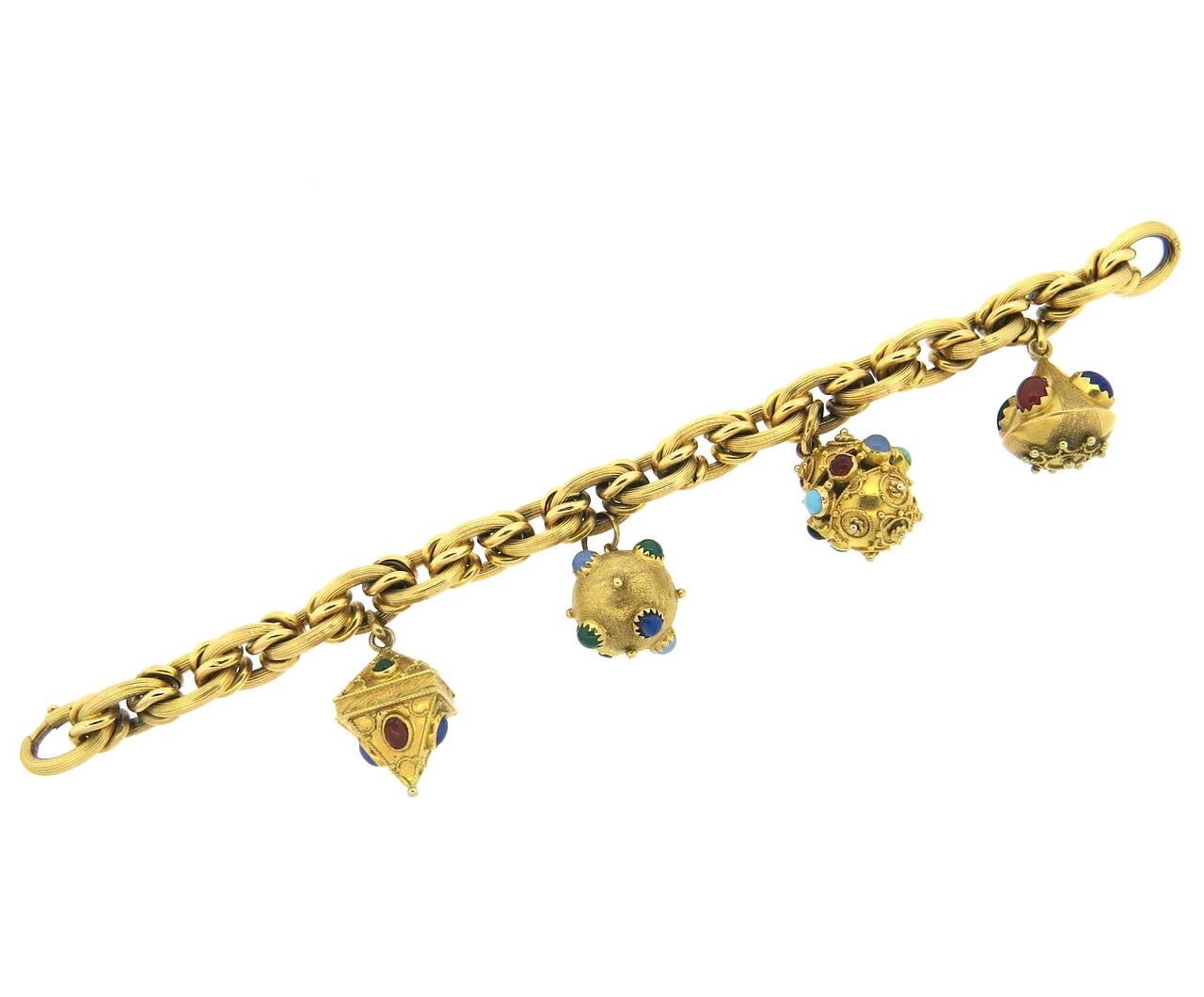 Large Gold 3D Gemstone Charm Bracelet In Excellent Condition In Lambertville, NJ