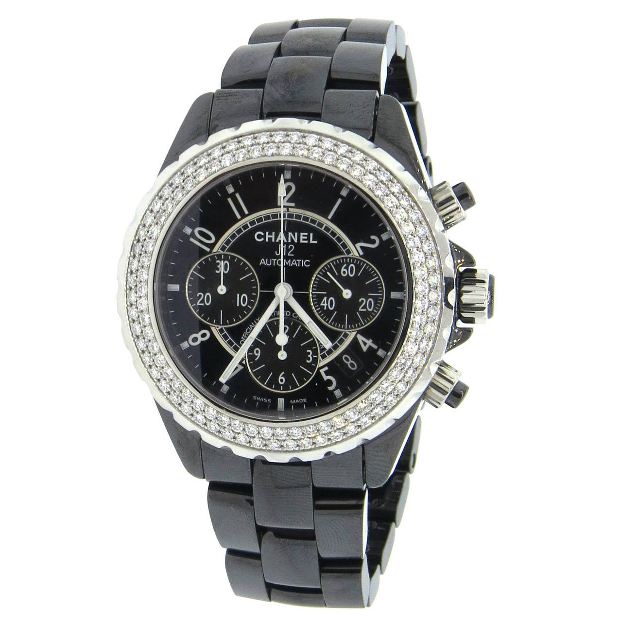 Chanel Lady's Black Ceramic and Diamond J12 Chronograph Wristwatch