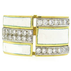 1970s Gold White Enamel Diamond Cocktail Ring 1970s Gold White Enamel Diamond Cocktail Ring