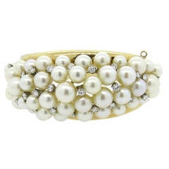 Magnificent 1960s Pearl Diamond Gold Bangle Bracelet
