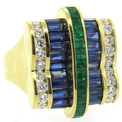 Unusual Charles Krypell Sapphire Diamond Emerald Gold Ring
