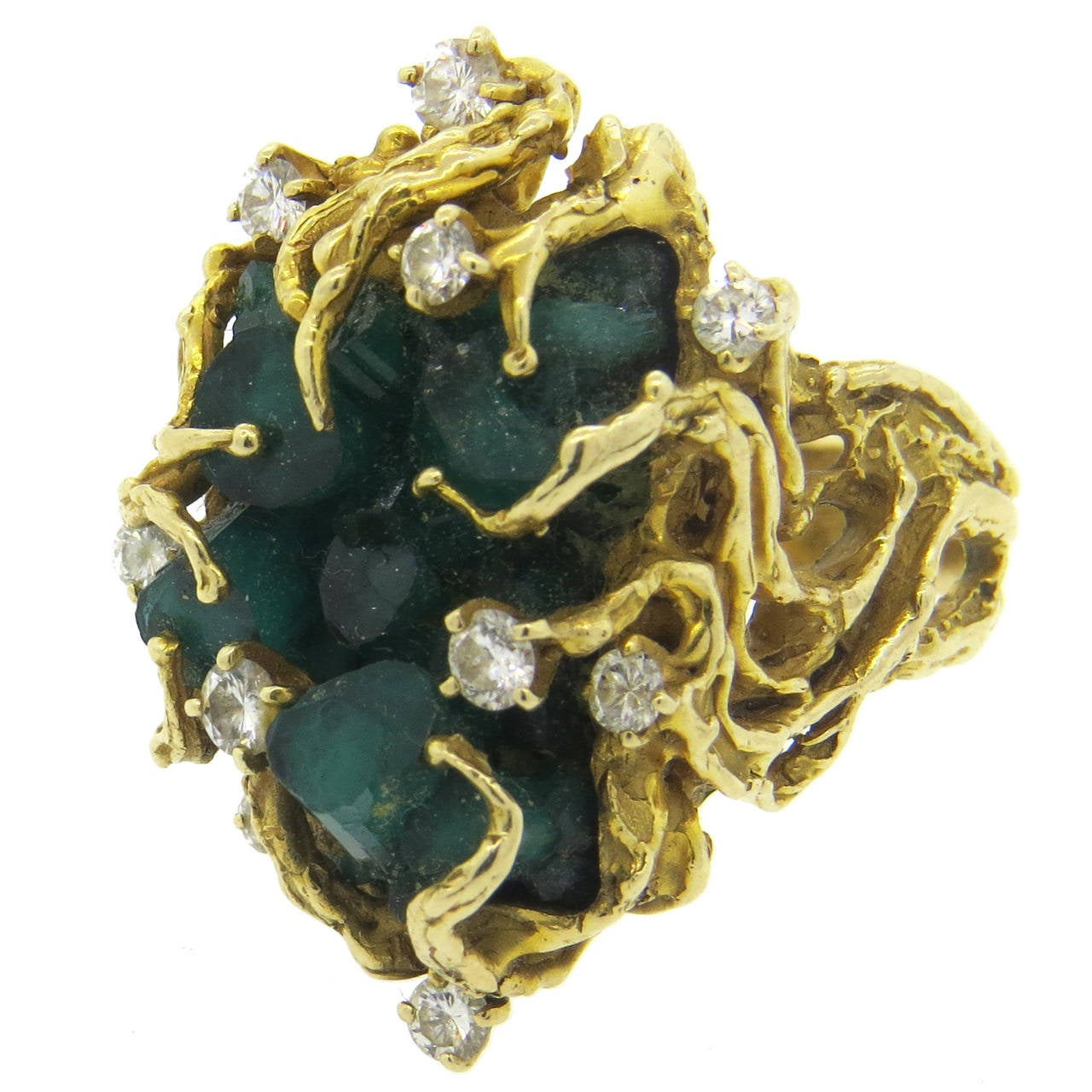 1960s Chatham Emerald Diamond Gold Free Form  Ring