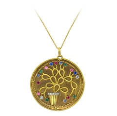 Retro Gold Diamond Multicolor Gemstone Large Pendant Necklace