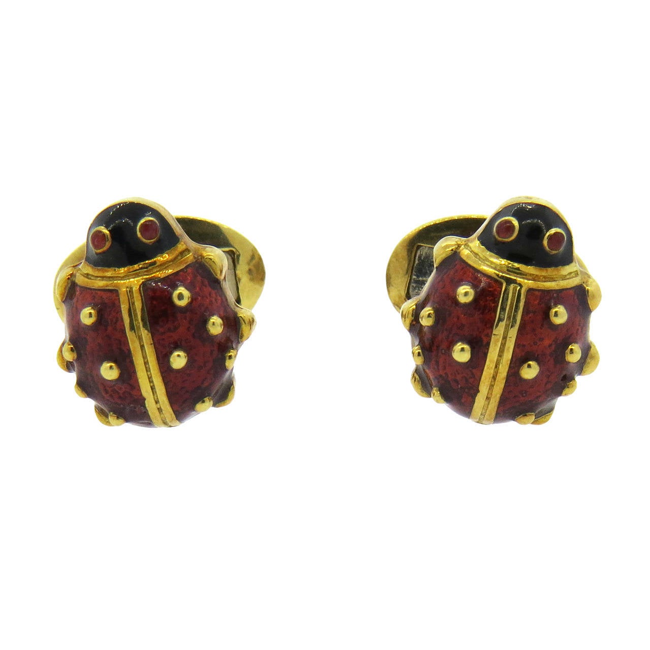 Hidalgo Red Enamel Garnet Gold Ladybug Cufflinks