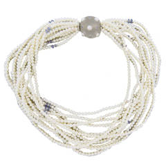 Trianon Multi Strand Pearl Necklace with Frosted Crystal Sapphire Gold Clasp 5