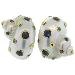 Trianon Shell Iolite Peridot Gold Earrings
