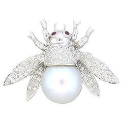 Gold South Sea Pearl Ruby Diamond Bumble Bee Brooch Pin