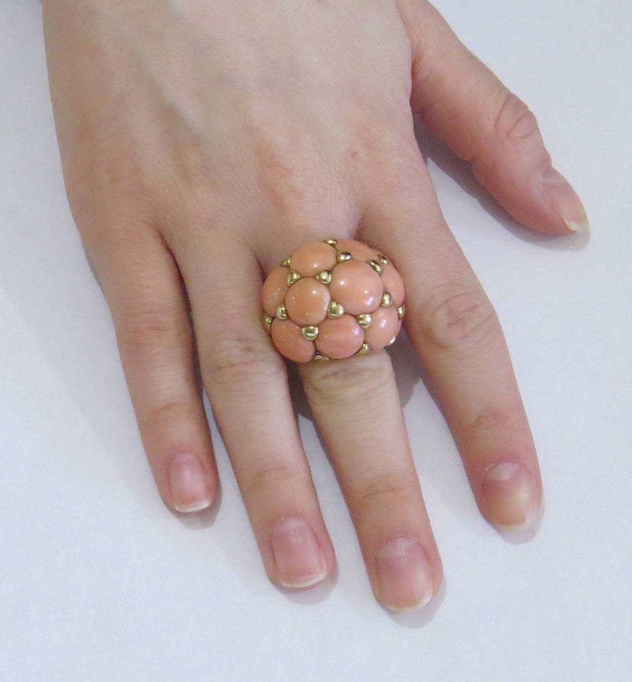 Impressive 1960s French Angel Skin Coral Gold Cluster Dome Ring In Excellent Condition In Lambertville, NJ