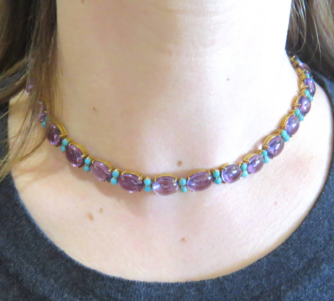 1960s Turquoise Amethyst Gold Necklace In Excellent Condition In Lambertville, NJ