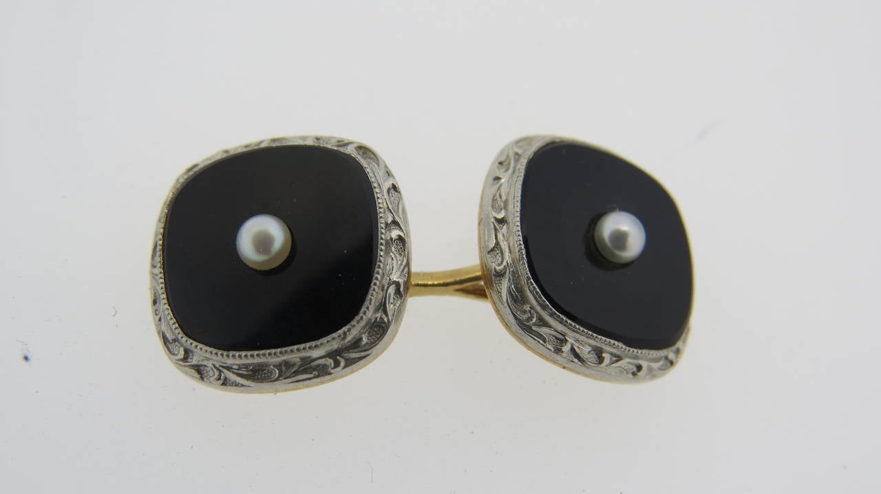 Classic Larter & Sons Art Deco Onyx Pearl Cufflinks.  13mm X 13mm , 14k  Yellow Back and White ( top and sides ) Gold weight: 7.3g