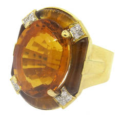 Vintage 1980s Gold Quartz Citrine Diamond Cocktail Ring