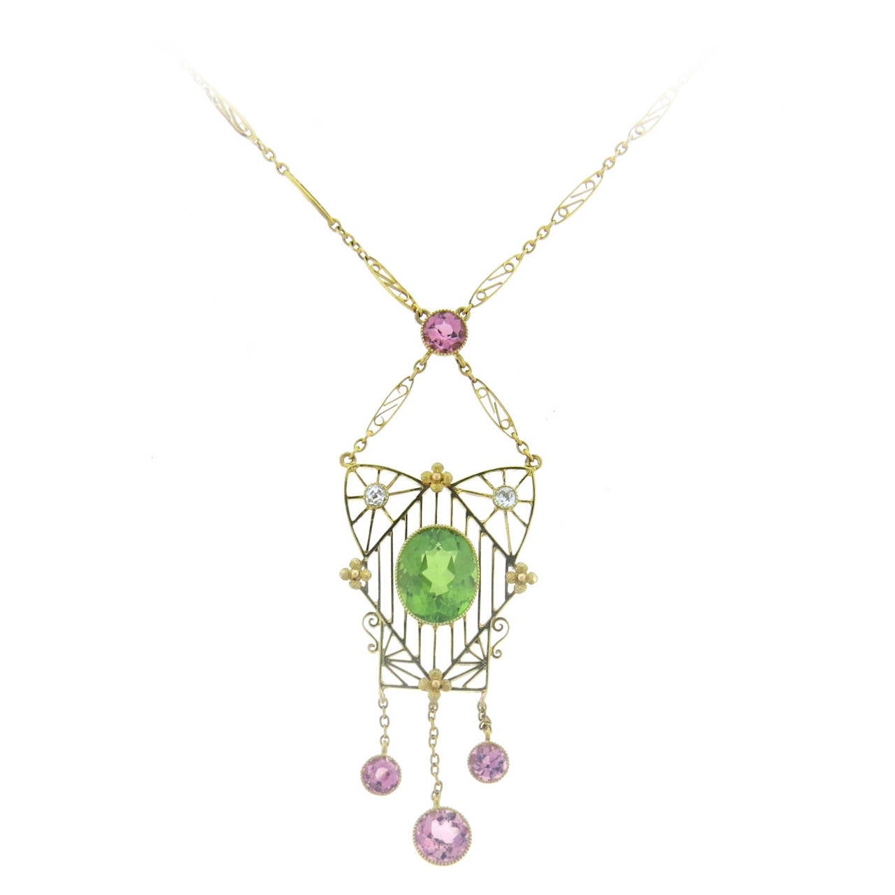 Antique English Peridot Tourmaline Diamond Gold Pendant Necklace at 1stDibs