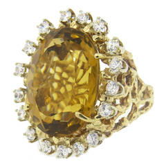 Prominent 1970s Citrine Diamond Gold Cocktail Ring
