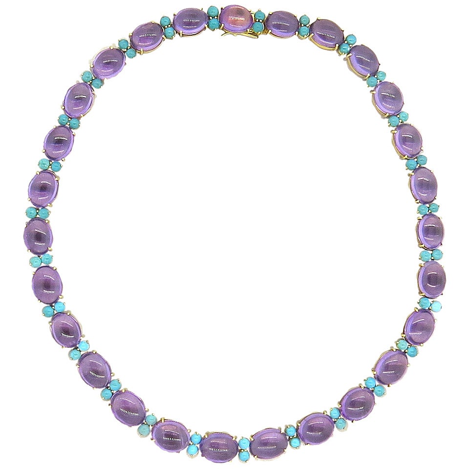 1960s Turquoise Amethyst Gold Necklace