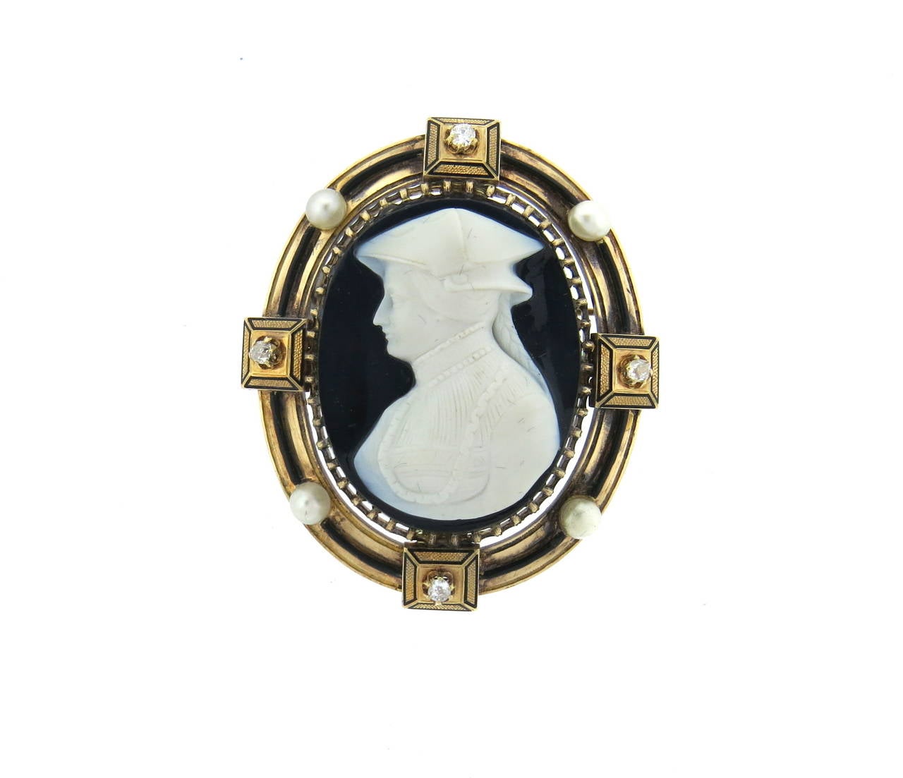 Antique 14k gold brooch, featuring hardstone cameo, adorned with four diamonds and 4.3mm natural pearls. Brooch measures 53mm x 45mm. Weight of the piece - 27.9 grams