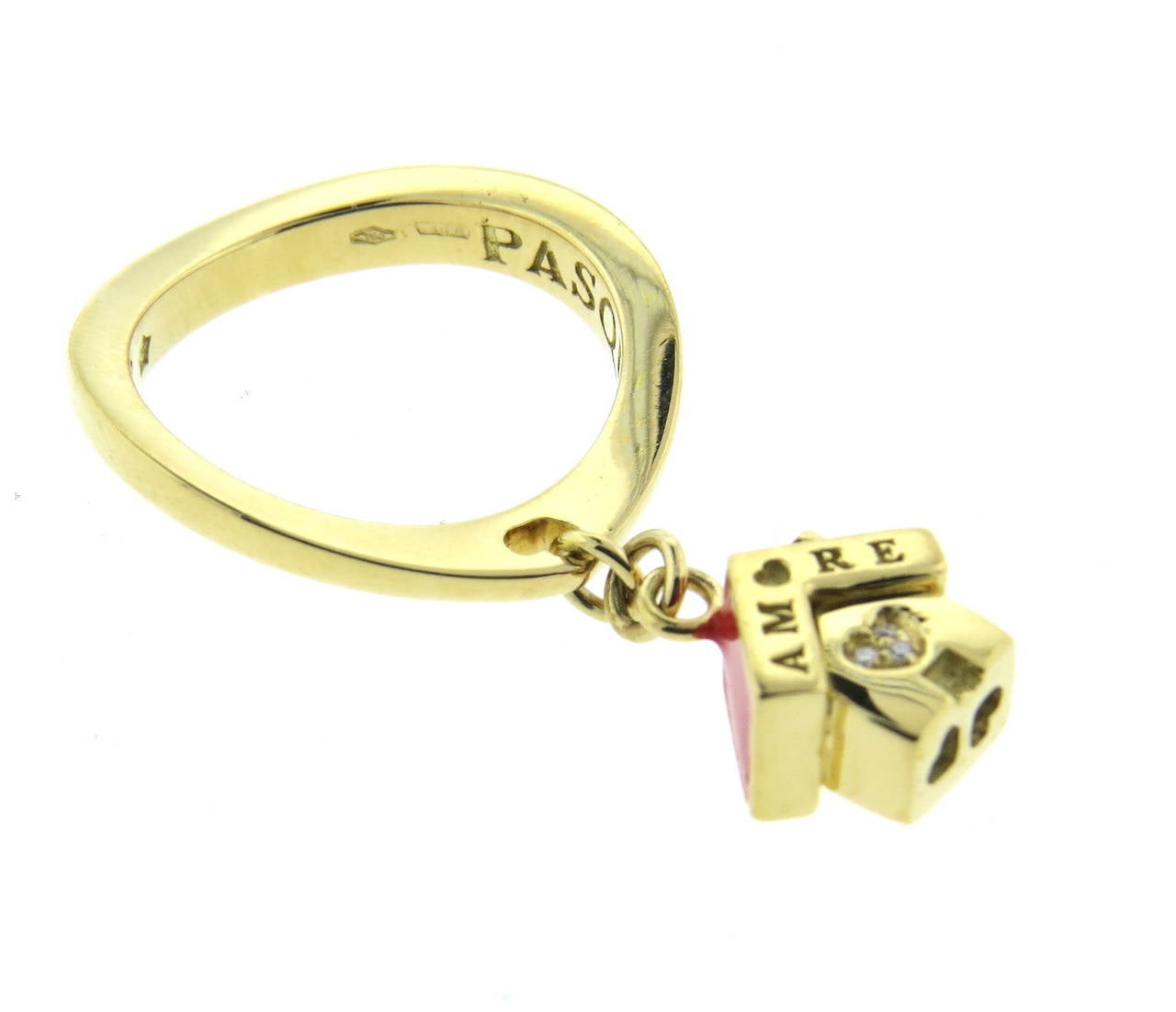 Pasquale Bruni 18k gold ring from Amore collection, featuring small house charm, decorated with a diamond and enamel. Ring is a size 7, charm is 10mm x 10mm x 6mm. Marked Pasquale Bruni,750 and Italian mark. Weight of the piece - 8.8 grams. retail