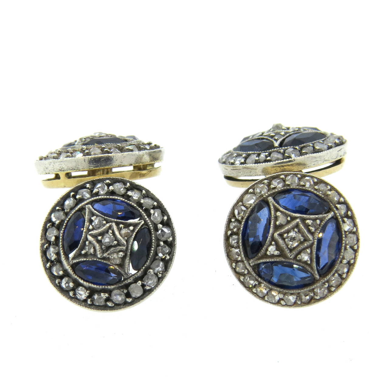 Antique 14k gold cufflinks, adorned with rose cut diamonds and blue sapphires. Tops measure 12mm in diameter. Weight - 6.3 grams