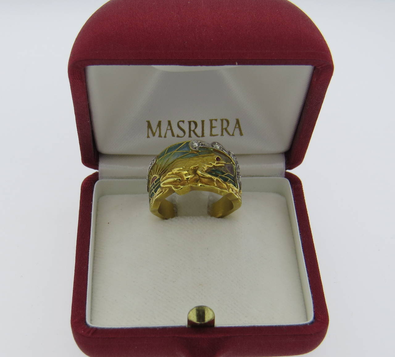 Women's Masriera Gold Diamond Ruby Plique A Jour Frog Ring