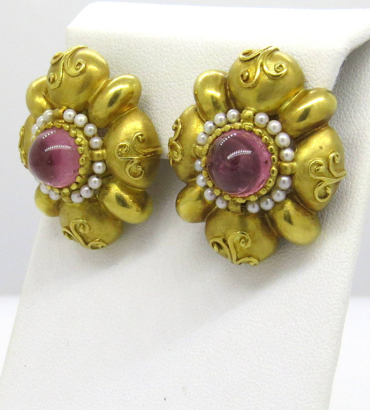 Women's Large Seidengang Pink Tourmaline Pearl Gold Earrings
