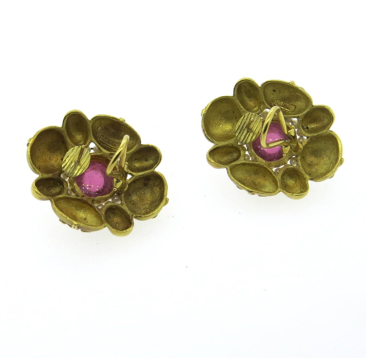 Large Seidengang Pink Tourmaline Pearl Gold Earrings In Excellent Condition In Lambertville, NJ