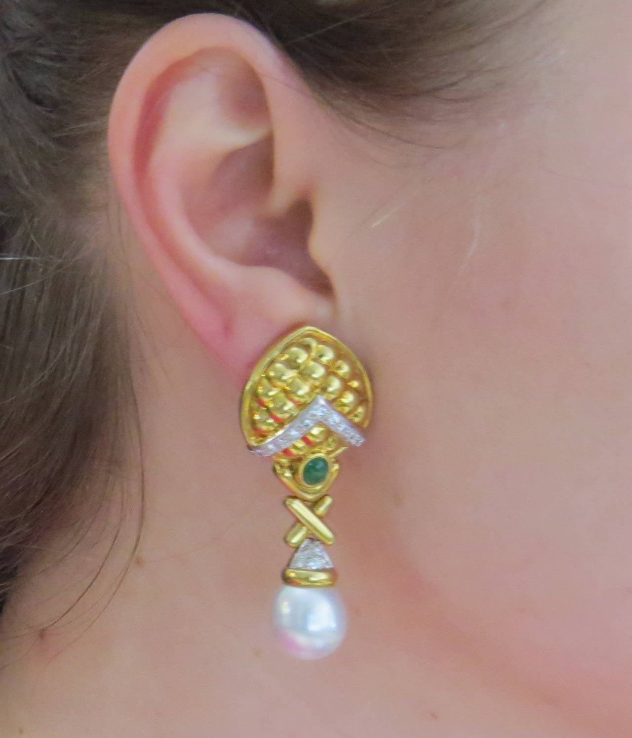 1980s Fine Diamond Emerald Pearl Drop Gold Earrings 1